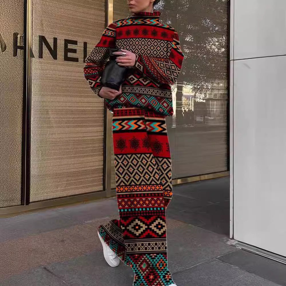 Women's Fashion Printed Loose High Collar Long-sleeved Suits