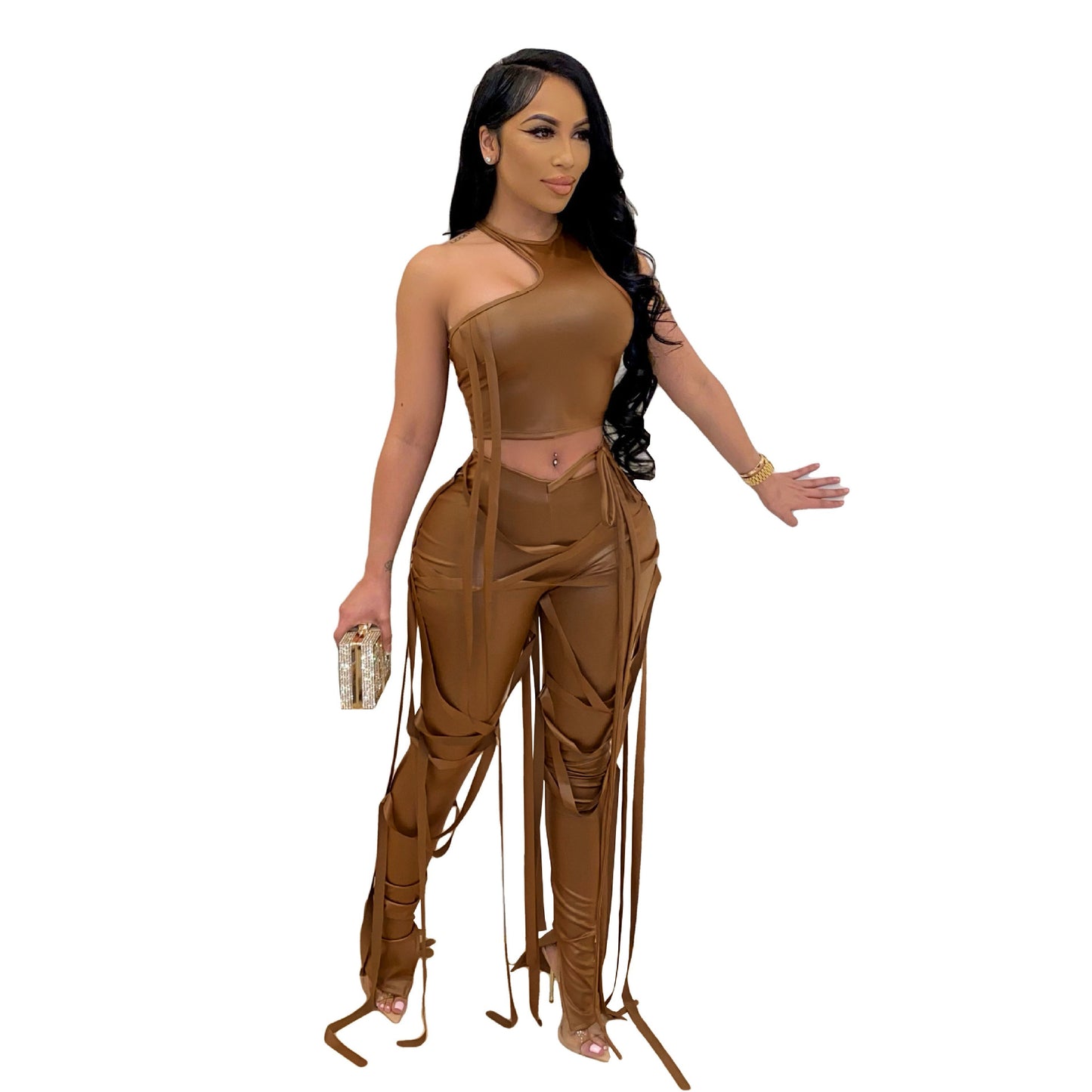 Women's Sexy Two-piece Strap Imitation Leather Nightclub Suits