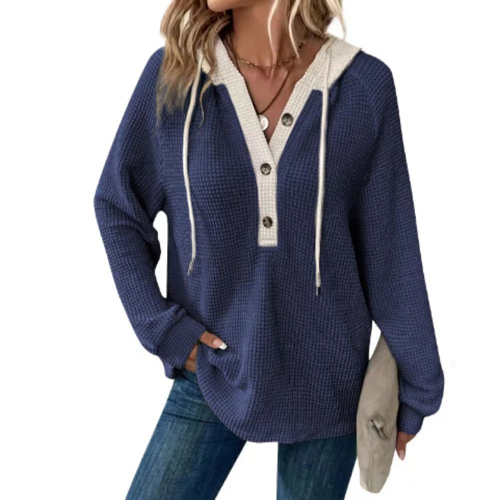 Women's Waffle Hooded Button Loose Long Sleeve Matching Women's Sweater, Sweater