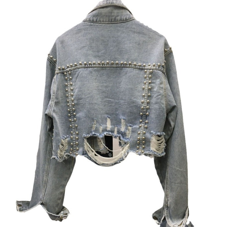 Women's Rivets With Diamonds Denim Worn Beaded Jackets