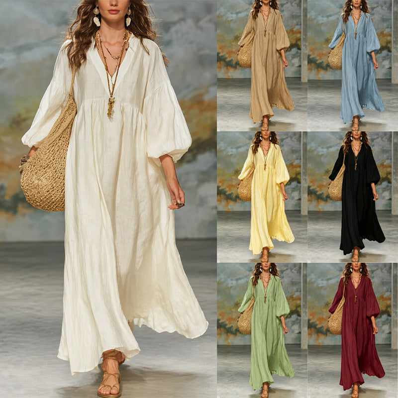 Women's Cotton Linen Deep V Lantern Sleeve Dress