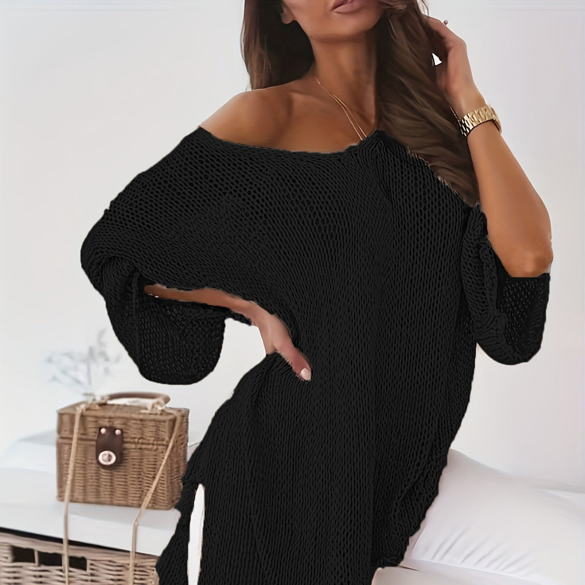 Women's Large Clothes Sexy Loose Pullover Mid-length Sweater