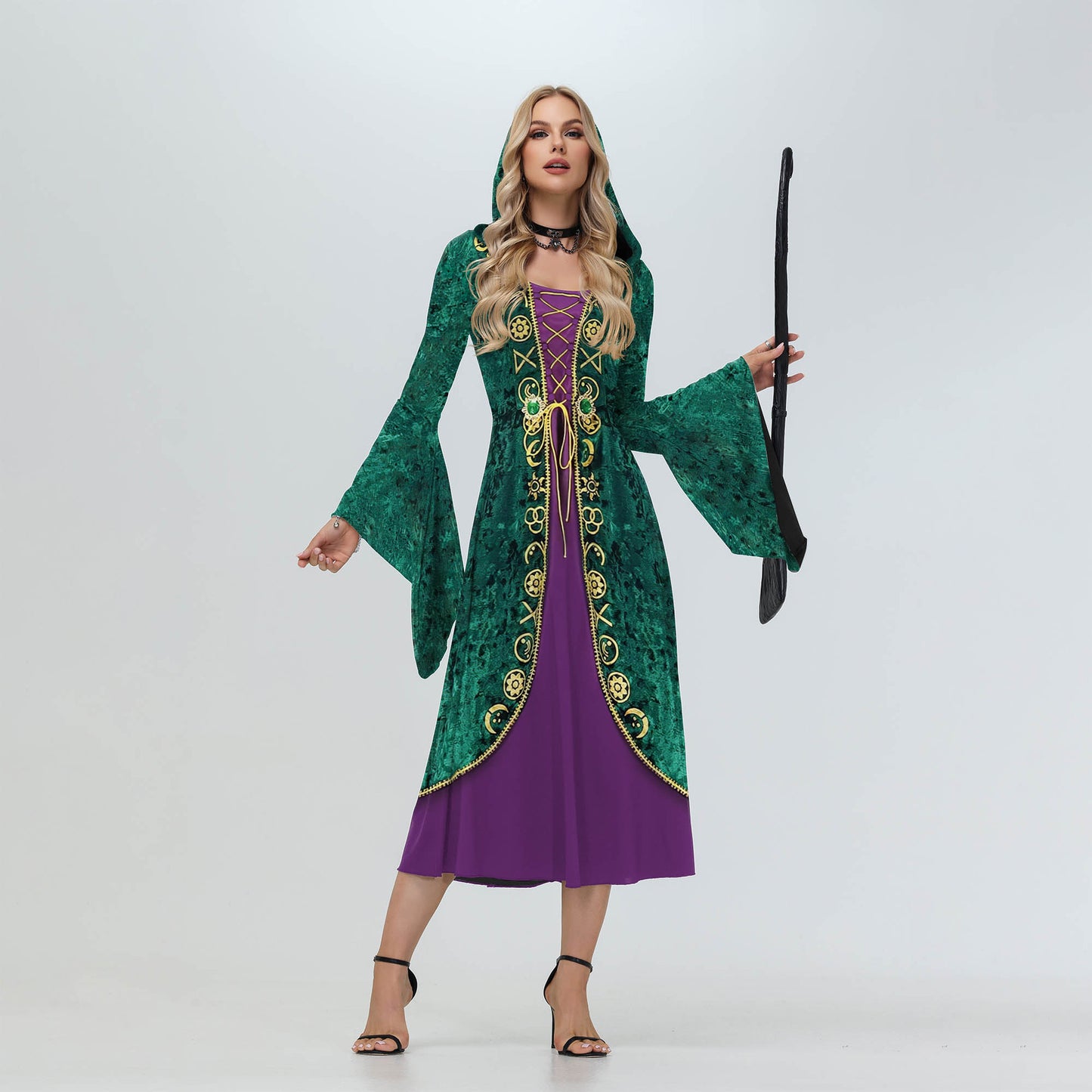 Women's Halloween Witch Also Crazy Hooded Bell Sleeve Digital Dress