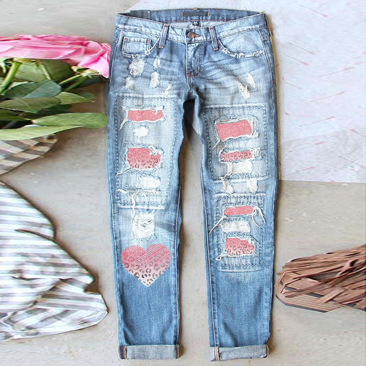 Women's Street Lover Printed Ripped Straight Denim Jeans