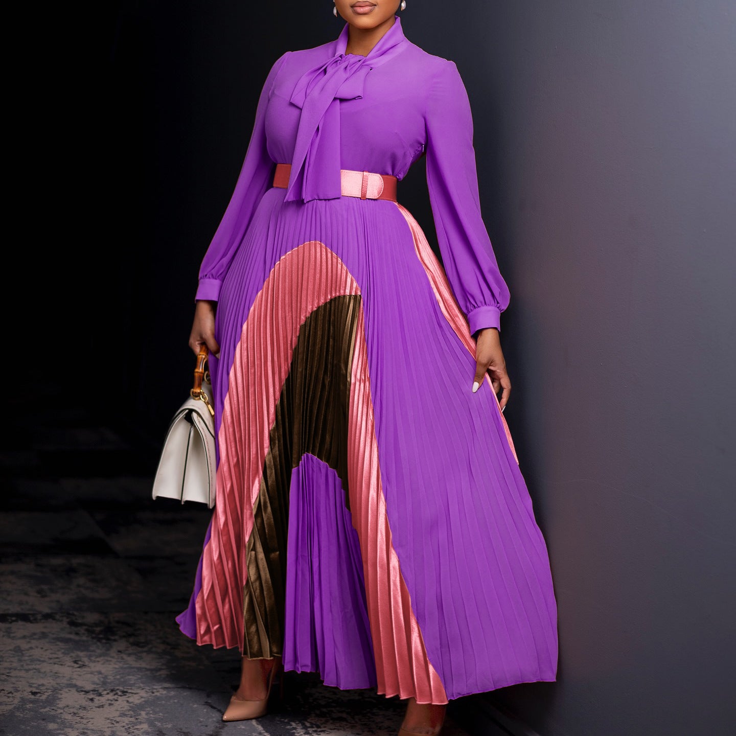 Women's Pleated Long Sleeve Color Matching Elegant Dresses