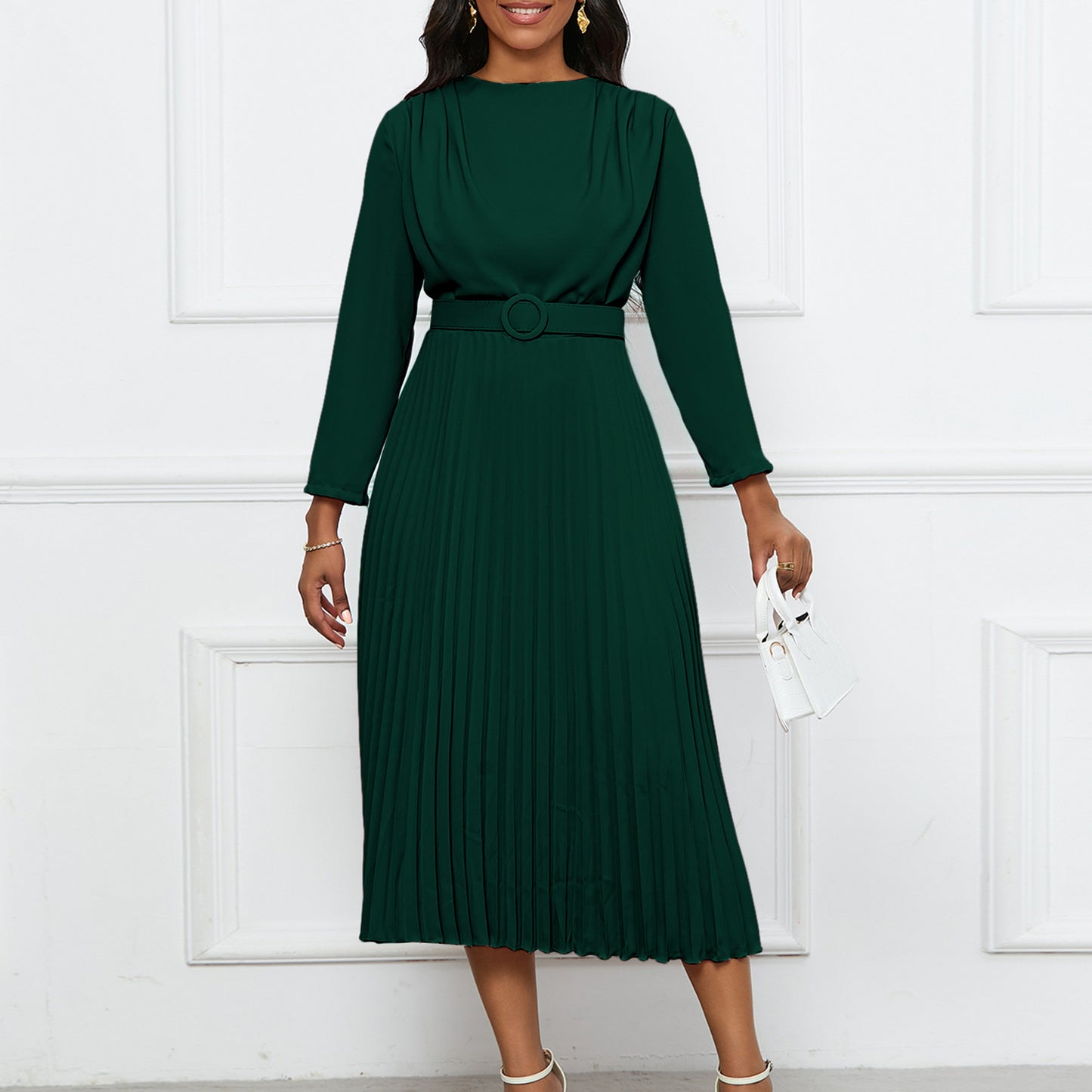 Women's Elegant Pleated Commuter Solid Color African Dresses