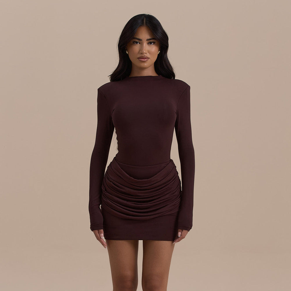 Women's Solid Color Round Neck Pleated Hot Sexy Dress