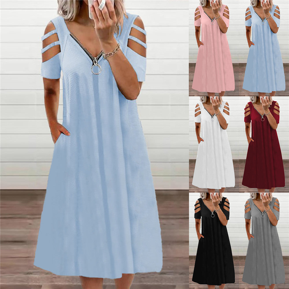 Women's Summer Sexy Solid Color Zipper Sleeve Dress