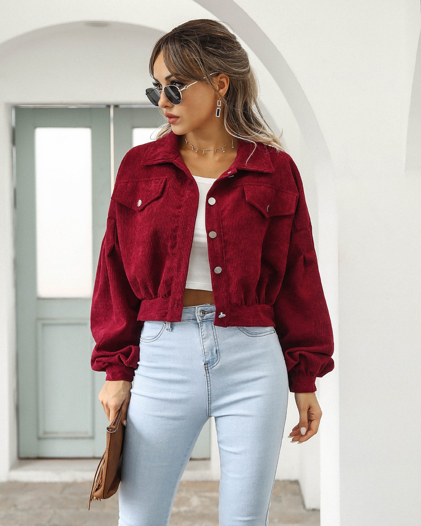 Women's Casual Polo Collar Corduroy Lantern Sleeve Jackets