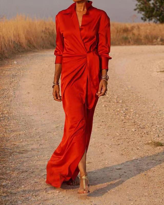 Women's Up High Waist Slit Mop Dress Long Sleeve Dresses