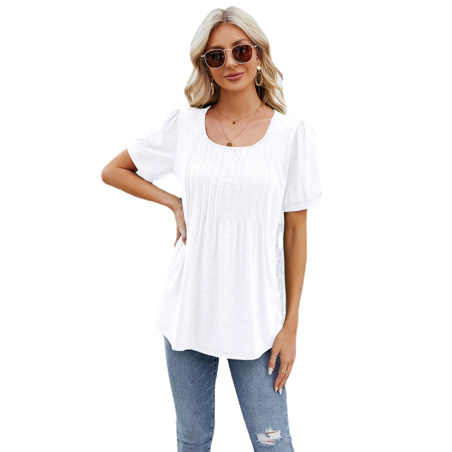 Women's Round Neck Strip Loose Sleeve T-shirt Tops