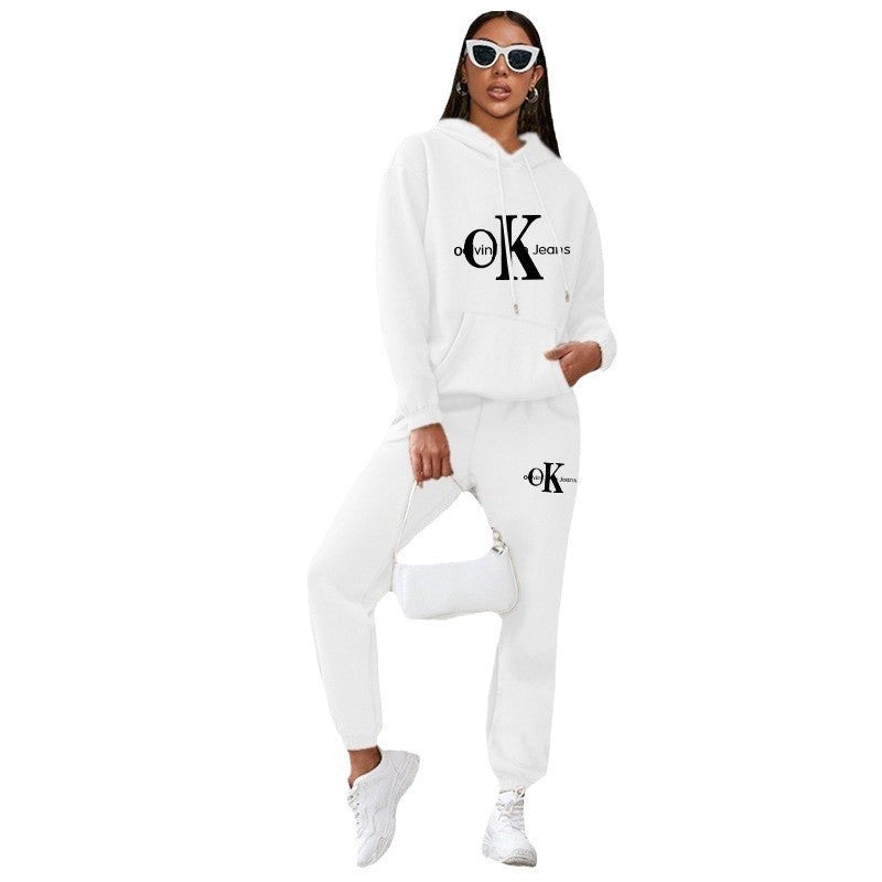 Women's American Style Loose Hooded Printed Veet Padded Fashion Casual Suit