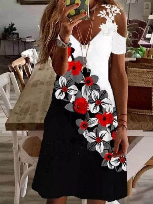 Women's Summer Lace Ruffled Sleeves Printed Dress Dresses