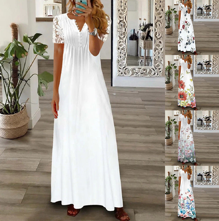 Creative Women's Fashion Short-sleeved Printed Lace Dress