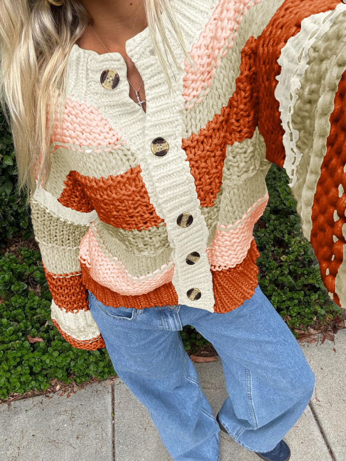 Women's Striped Thick Needle Button Color Block Stitching Sweaters