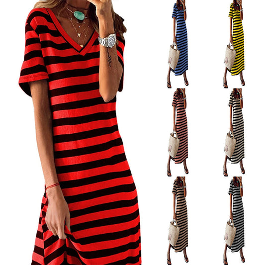 Women's Spring Striped Printed Dress Slit Loose Plus Size