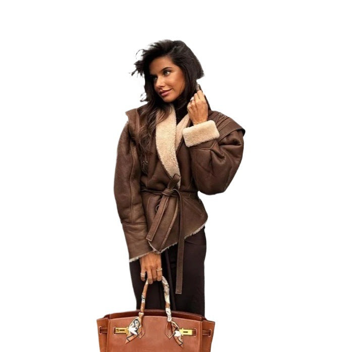 Women's Suede Warm Fur Brown Sweet Fresh Coats