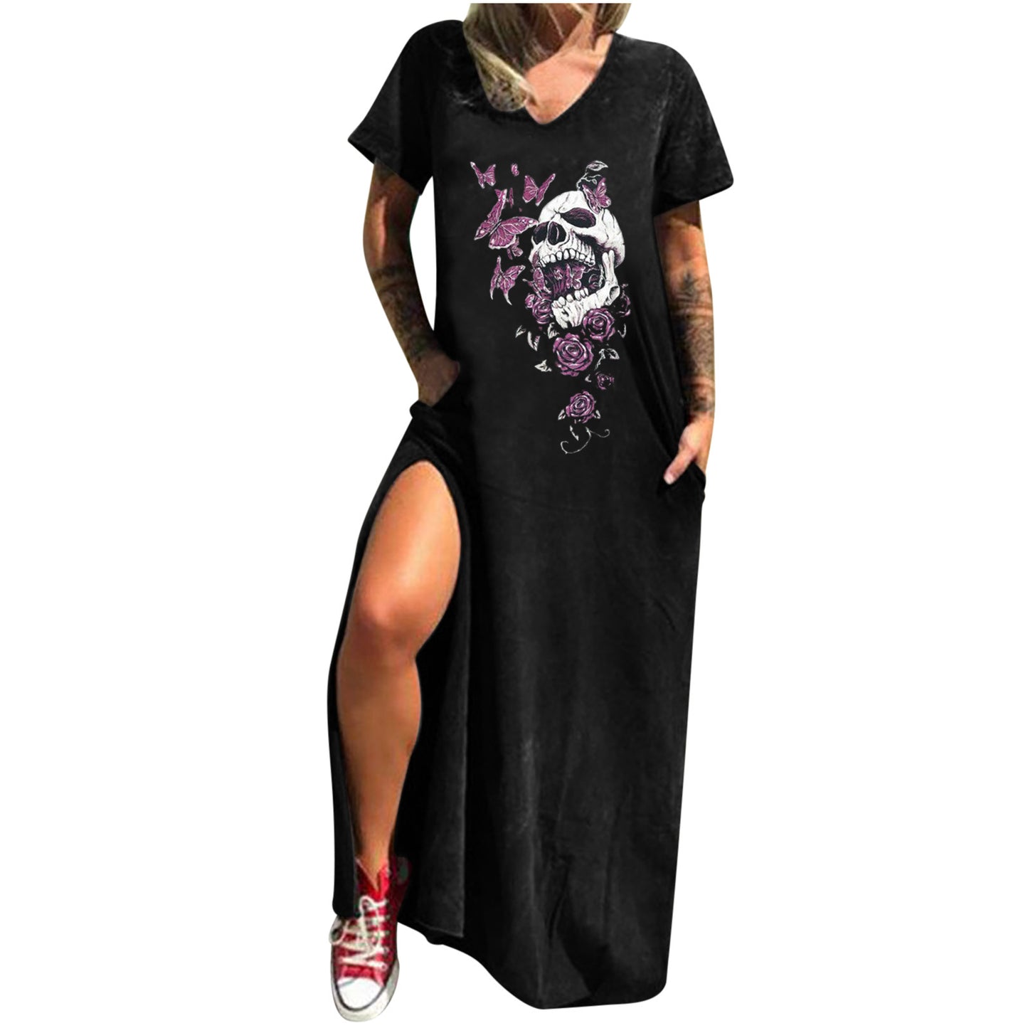 Skull Print Street Fashion Sleeve Slit Shorts