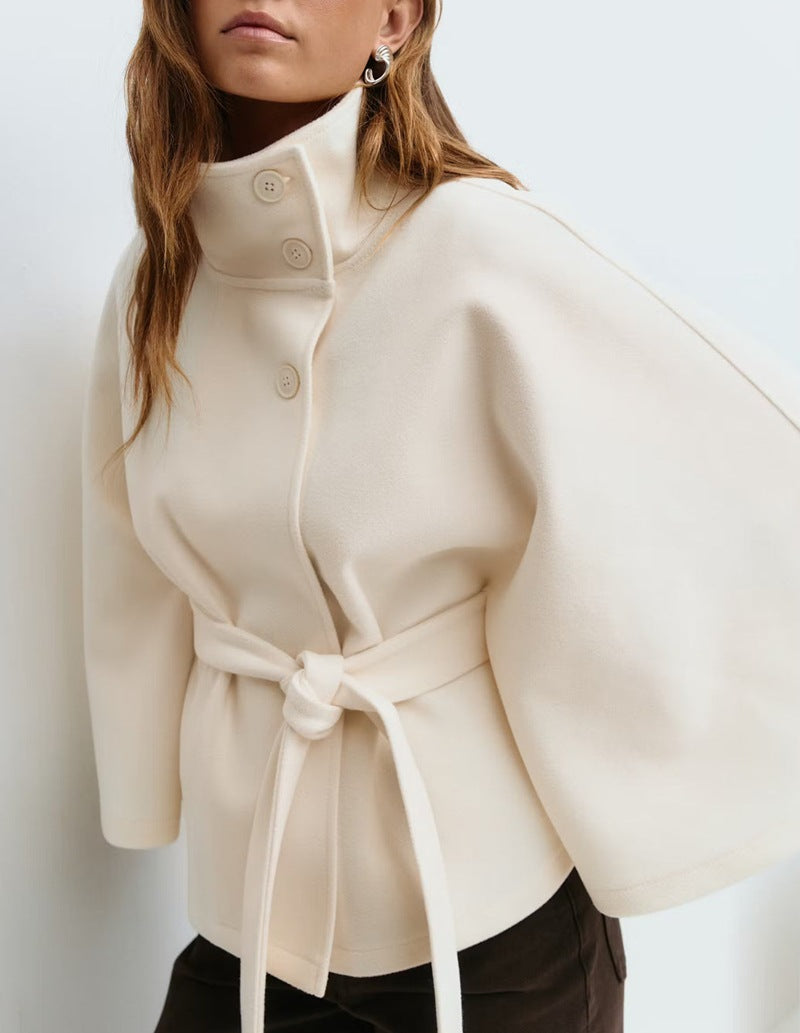 Women's Solid Color Cloak Stand Collar Button Coats