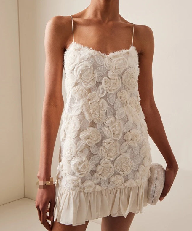 Women's Three-dimensional Rose Decorative Ruffled Splicing Sling Dresses