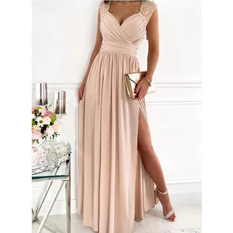 Women's Sleeveless Lace Backless Slit Hemline At Dress