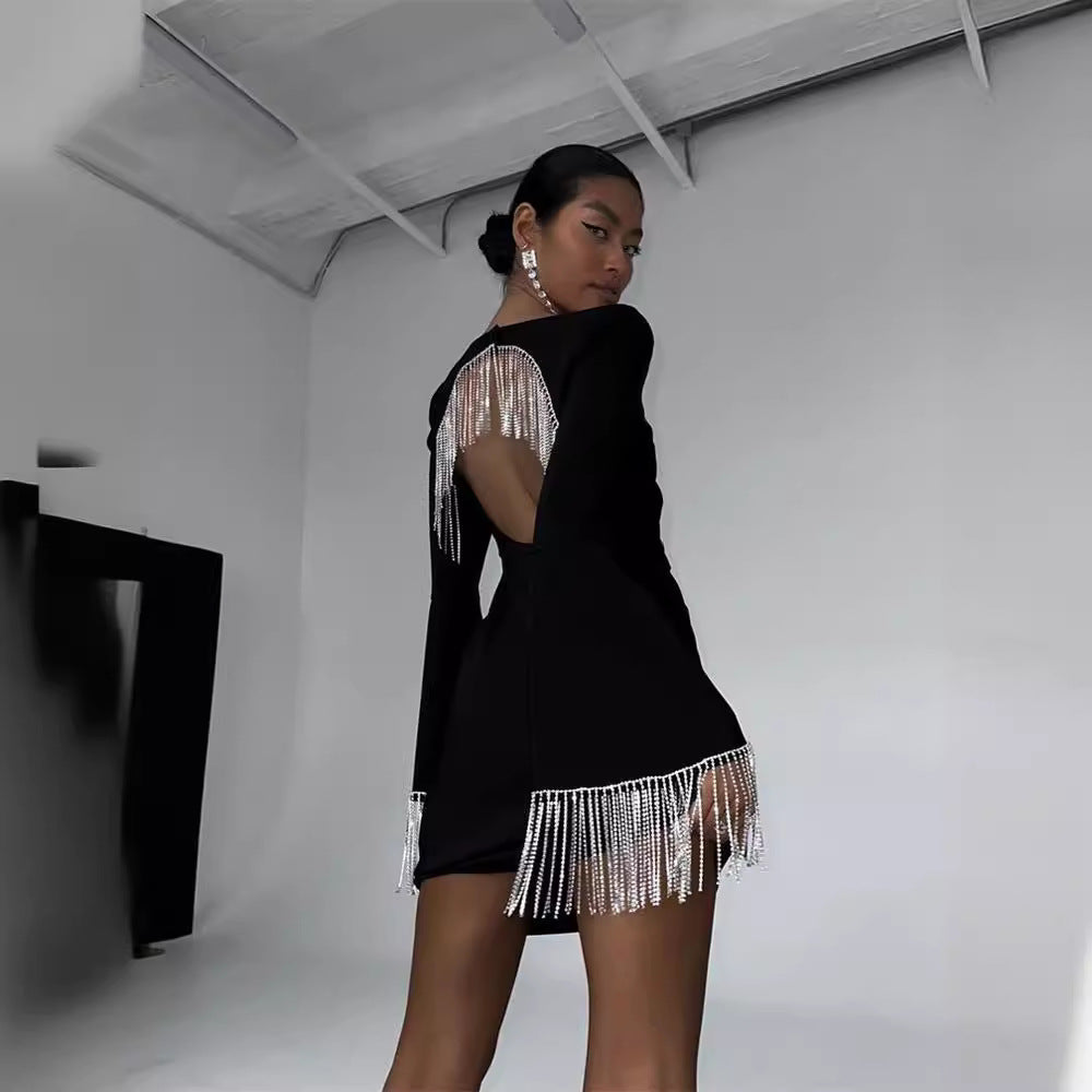 Fashion Back Hollow Bell Sleeve Black Dresses