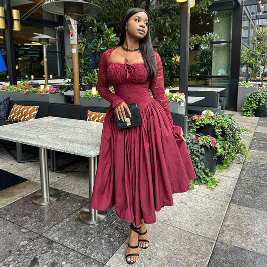 Women's Square Collar Lace Long Sleeve Waist Dresses