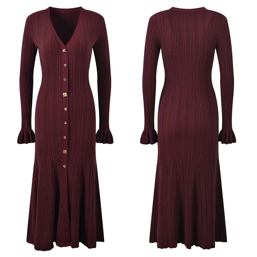 French Entry Lux Thin Glittering Line Long Sleeve Slimming Dresses