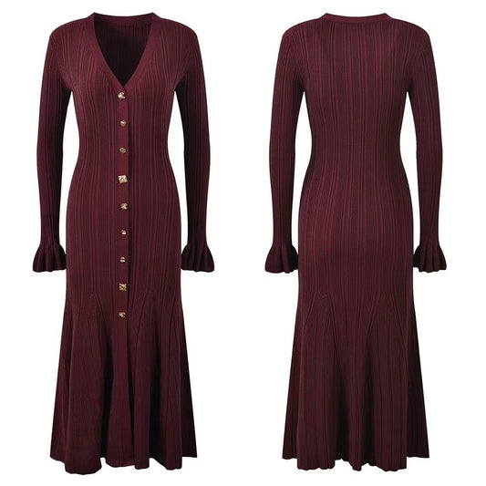 French Entry Lux Thin Glittering Line Long Sleeve Slimming Dresses