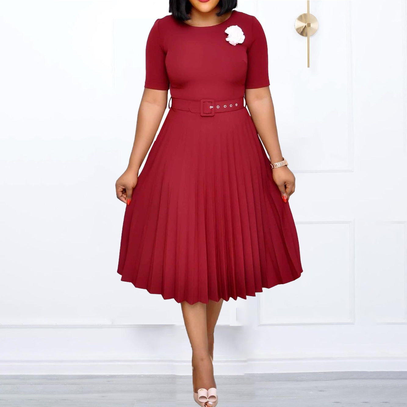 Women's Sleeve Round Neck Mid-length Pleated African Dresses