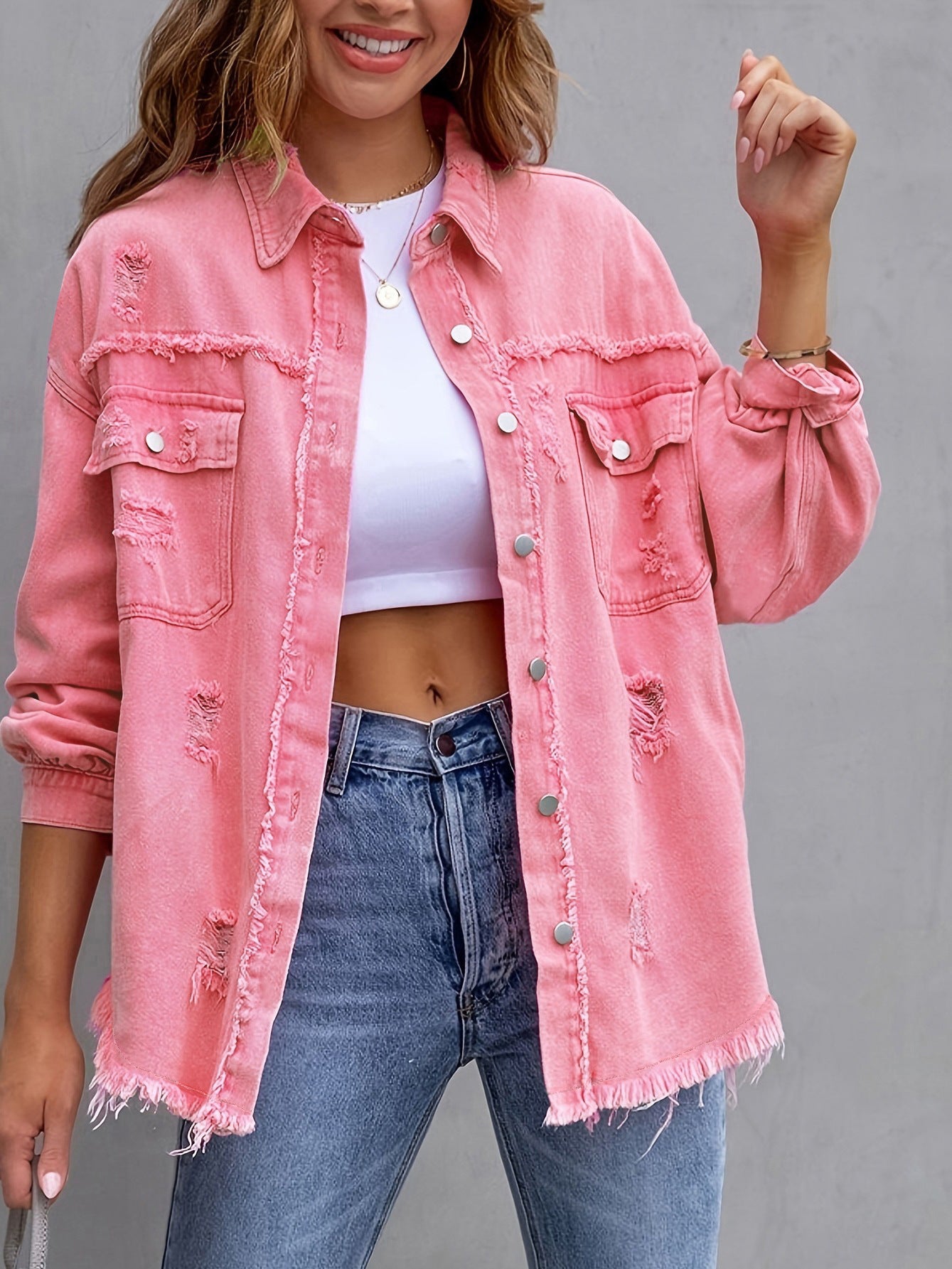 Women's American Solid Color Mid-length Ripped Long Jackets