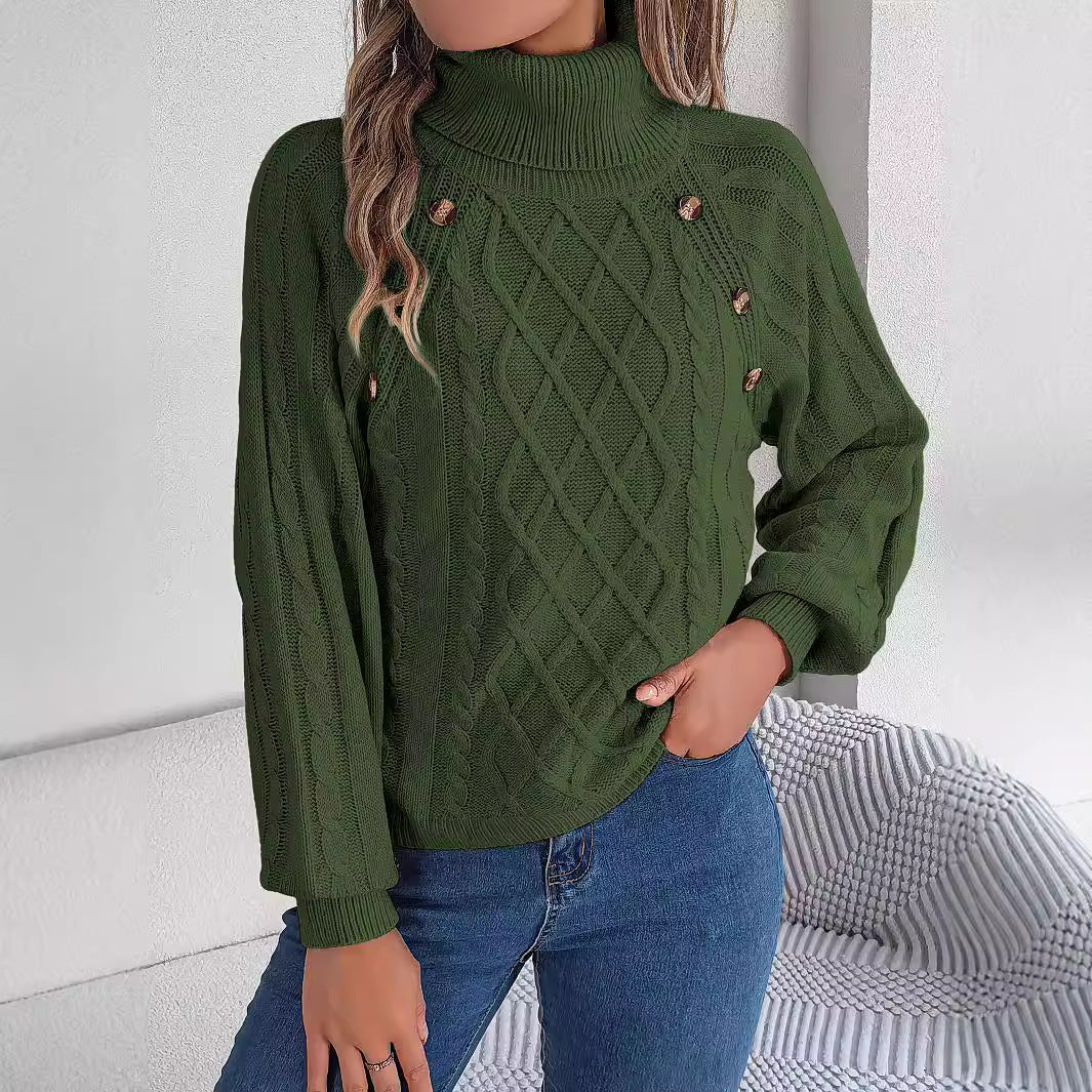 Women's Leisure Solid Color Buttons Turtleneck Lantern Sleeve Sweater