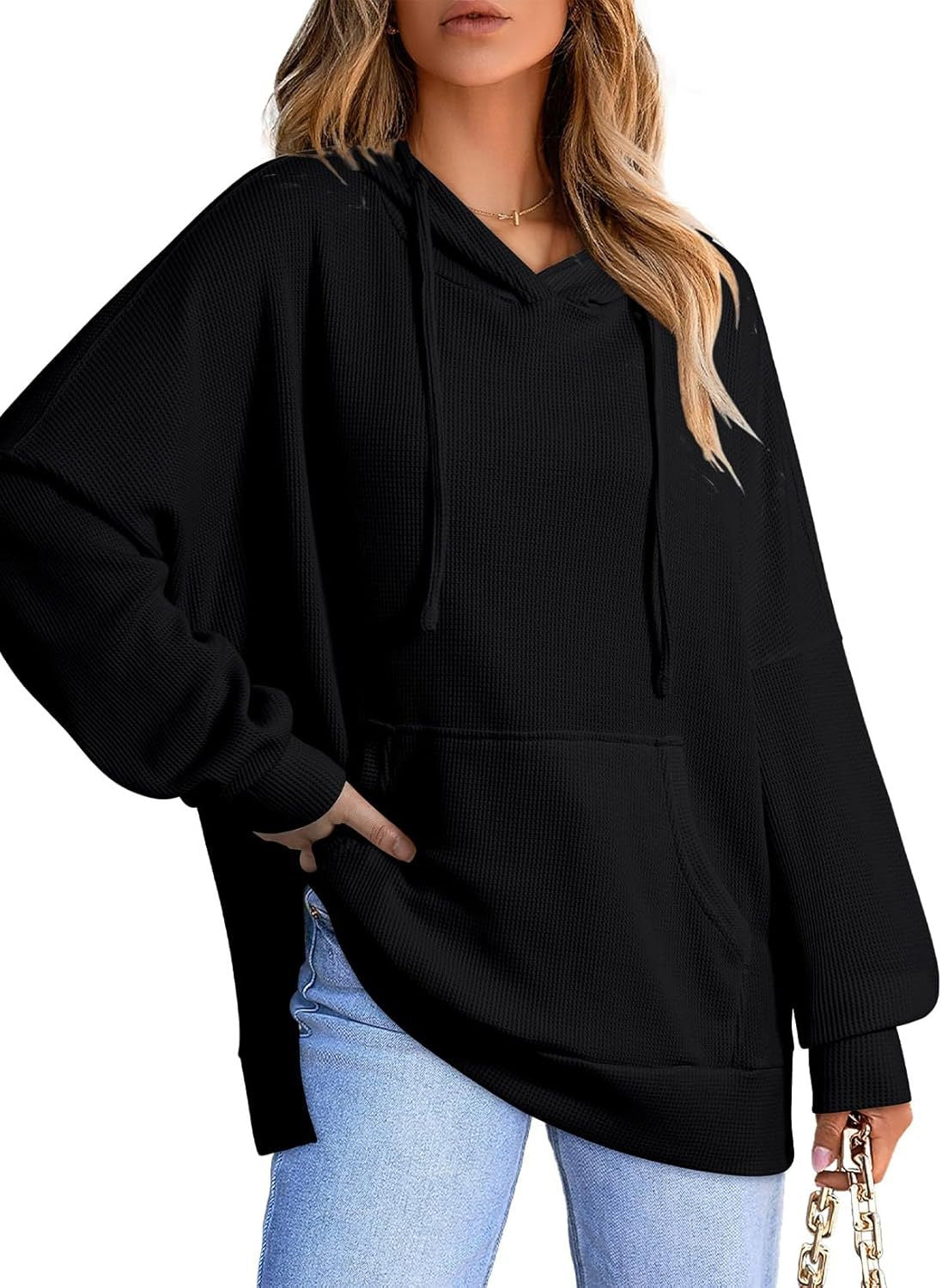 Women's Hoodie Waffle Knitted Side Slit Pullover With Pocket Women's Sweater, Sweater
