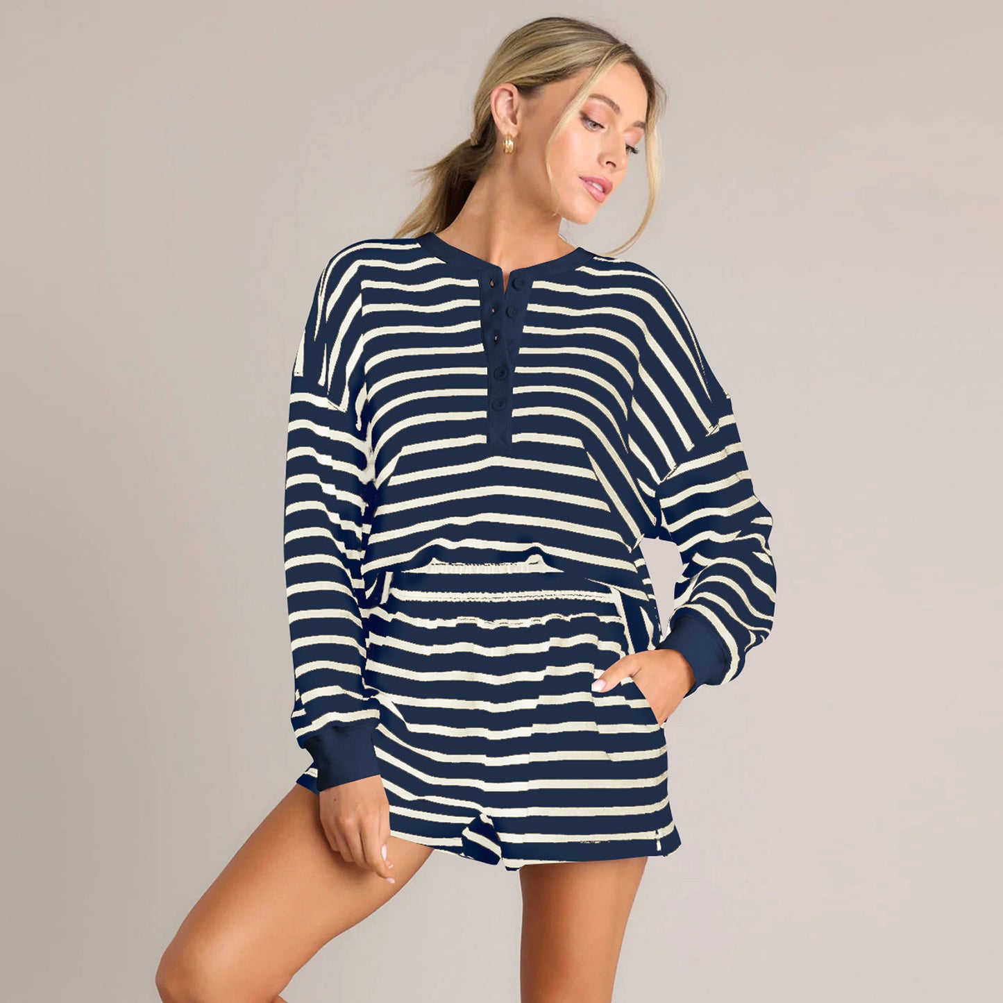 Women's Striped Autumn Collar Decorated With Buttons Long Fashion Casual Suit