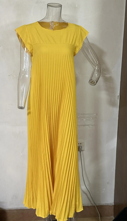 Solid Color Round Neck Sleeveless Pleated Dresses