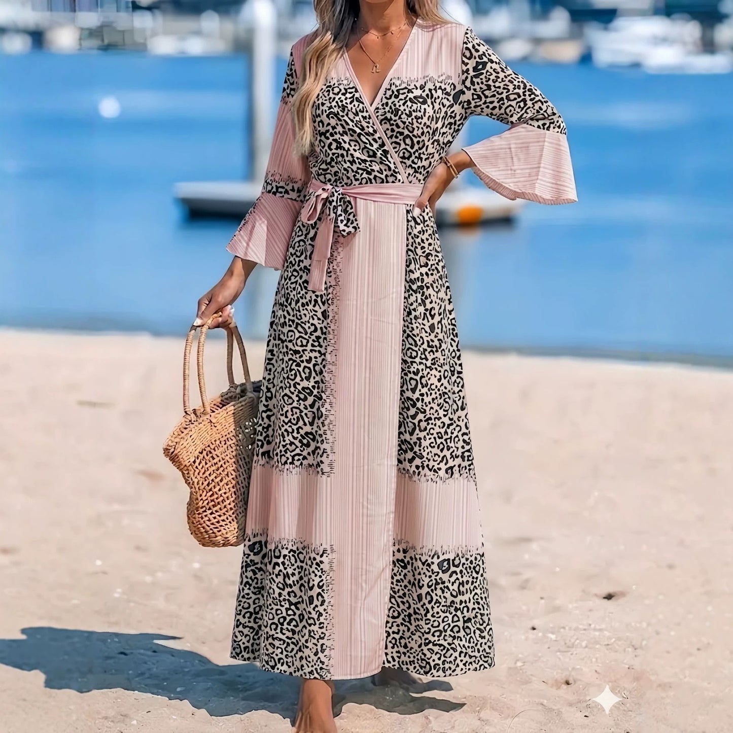 Print Striped Patchwork Wrap Bell Sleeve Temperament Dress
