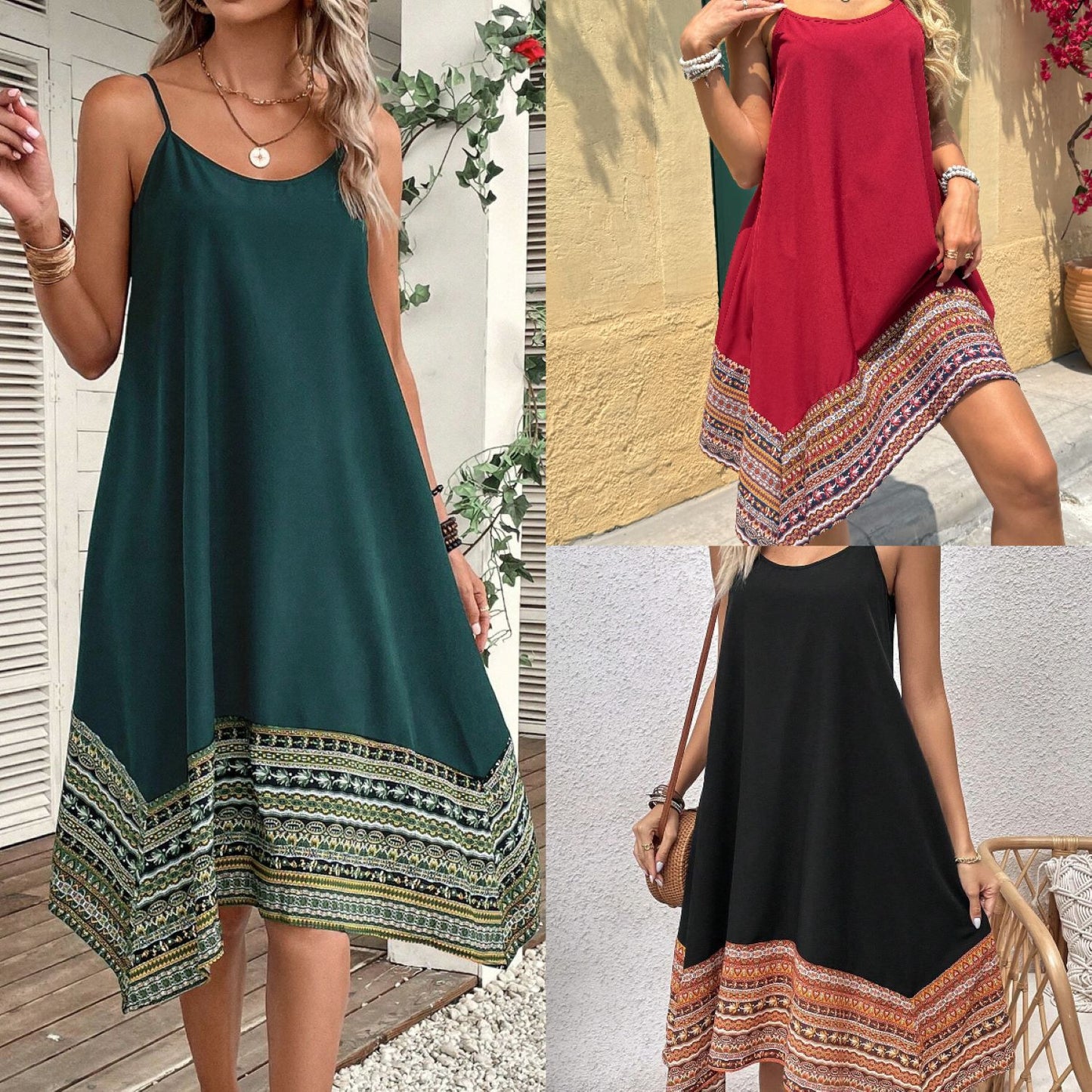 Summer Sling Stitching Printing Irregular Hem Dress