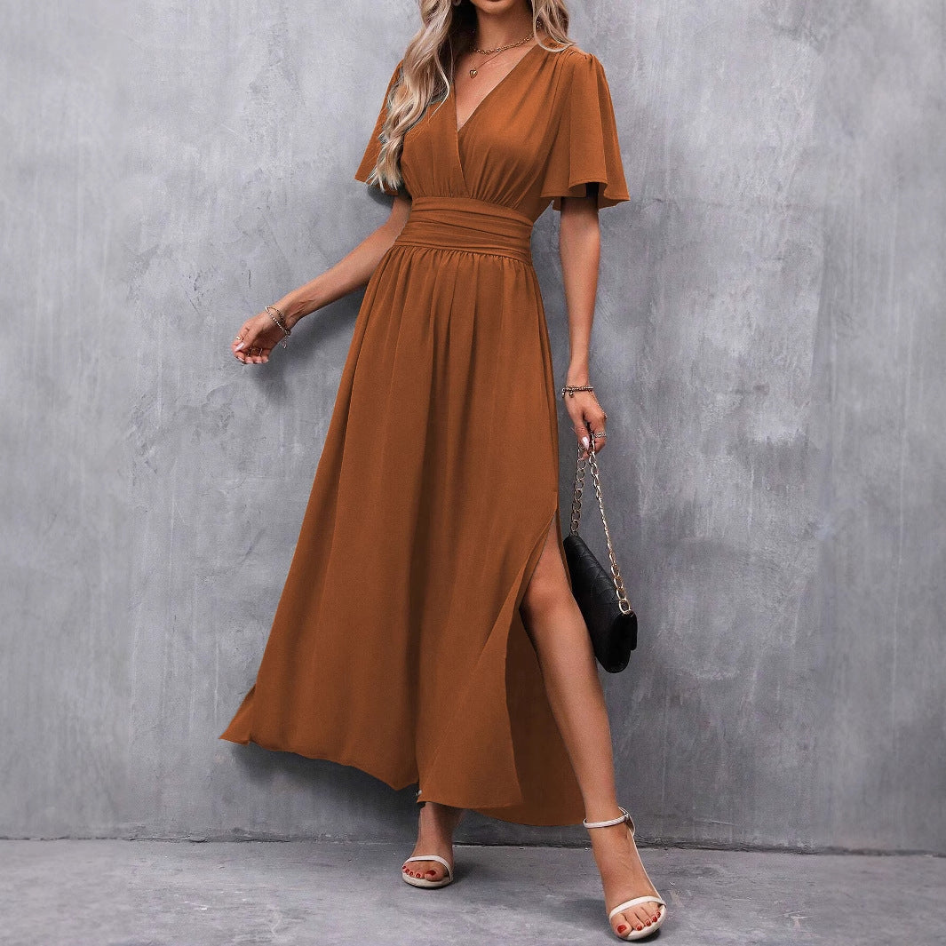 Women's Elegant Flying Sleeves Back Waist Smocking High Slit Clothing