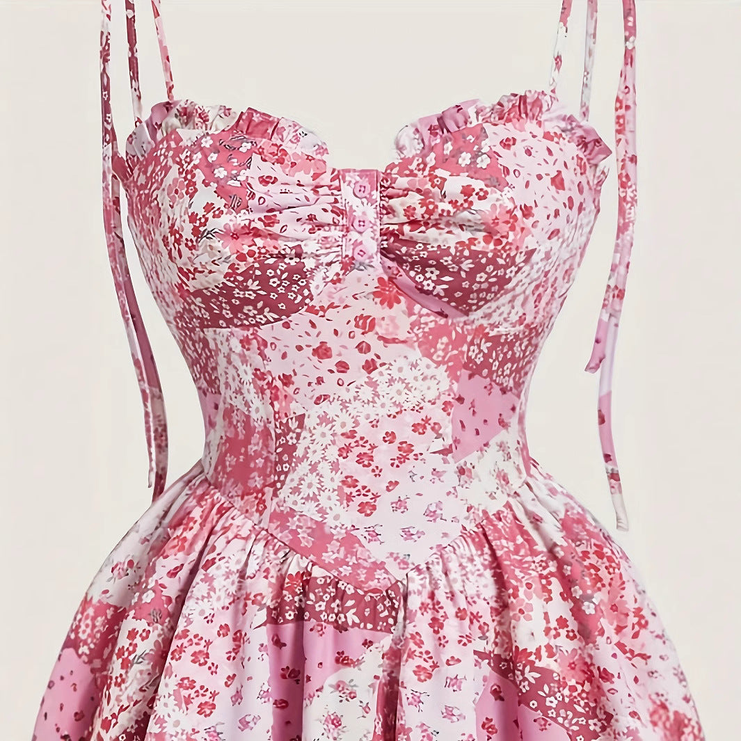 Women's Floral Suspender Layered Dress Vintage Pink Dresses