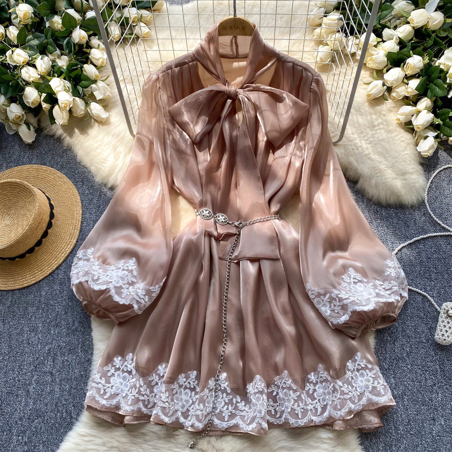 Women's Spring Dress Neckline Bow Lantern Sleeve Lace Stitching Dresses