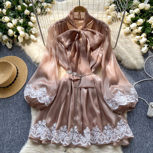 Women's Spring Dress Neckline Bow Lantern Sleeve Lace Stitching Dresses