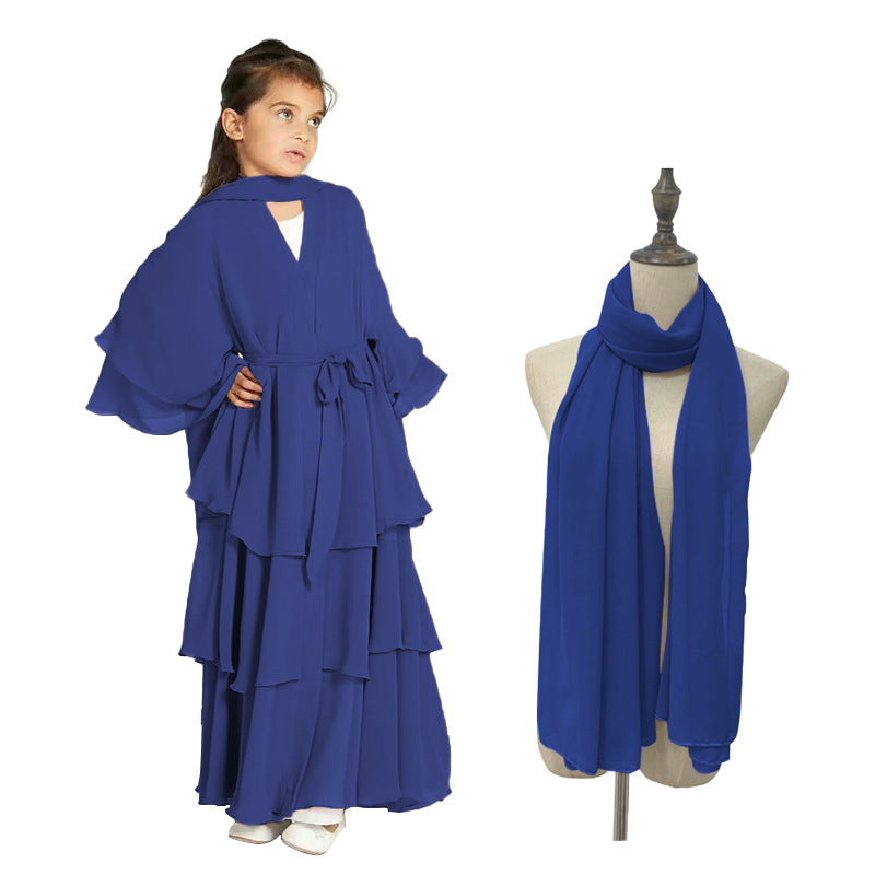 Children's Chiffon Elegant Belted With Scarf Sweet Dress
