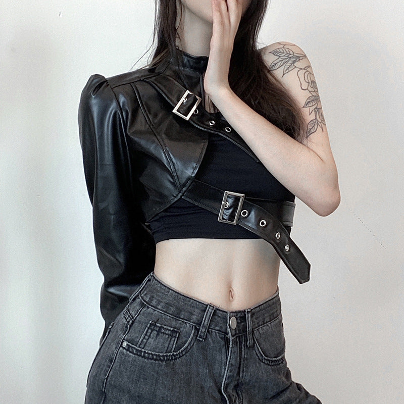 Women's Handsome Irregular Metal Buckle Halter Leather Clothing