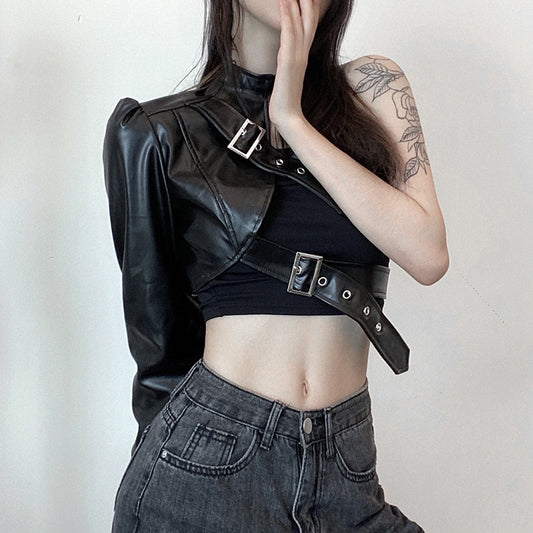 Women's Handsome Irregular Metal Buckle Halter Leather Clothing