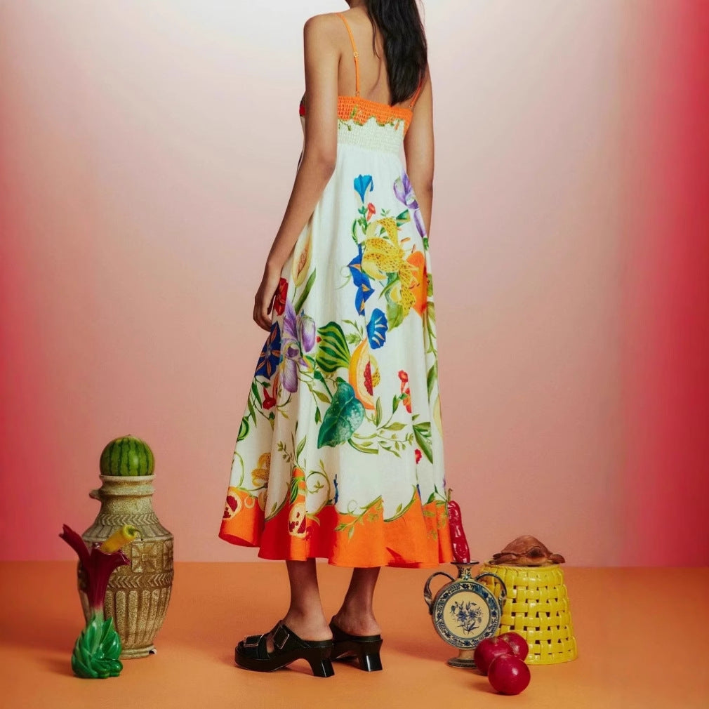 Women's Casual Beach Style Printed Large Swing Strap Dress