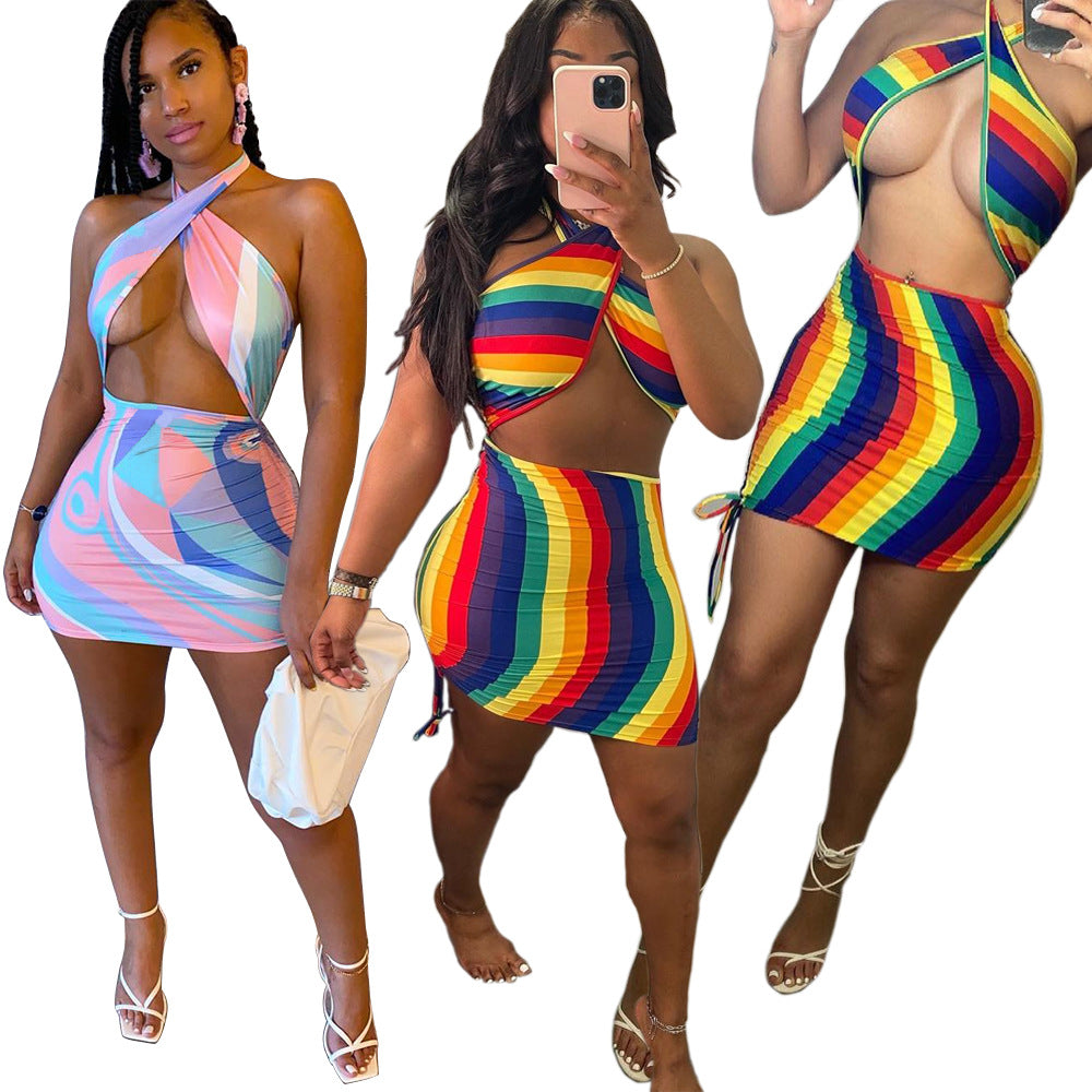 Women's Fashion Sexy Cross Halter Drawstring Two-piece Skirts