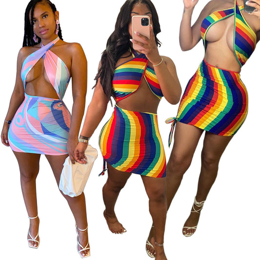 Women's Fashion Sexy Cross Halter Drawstring Two-piece Skirts