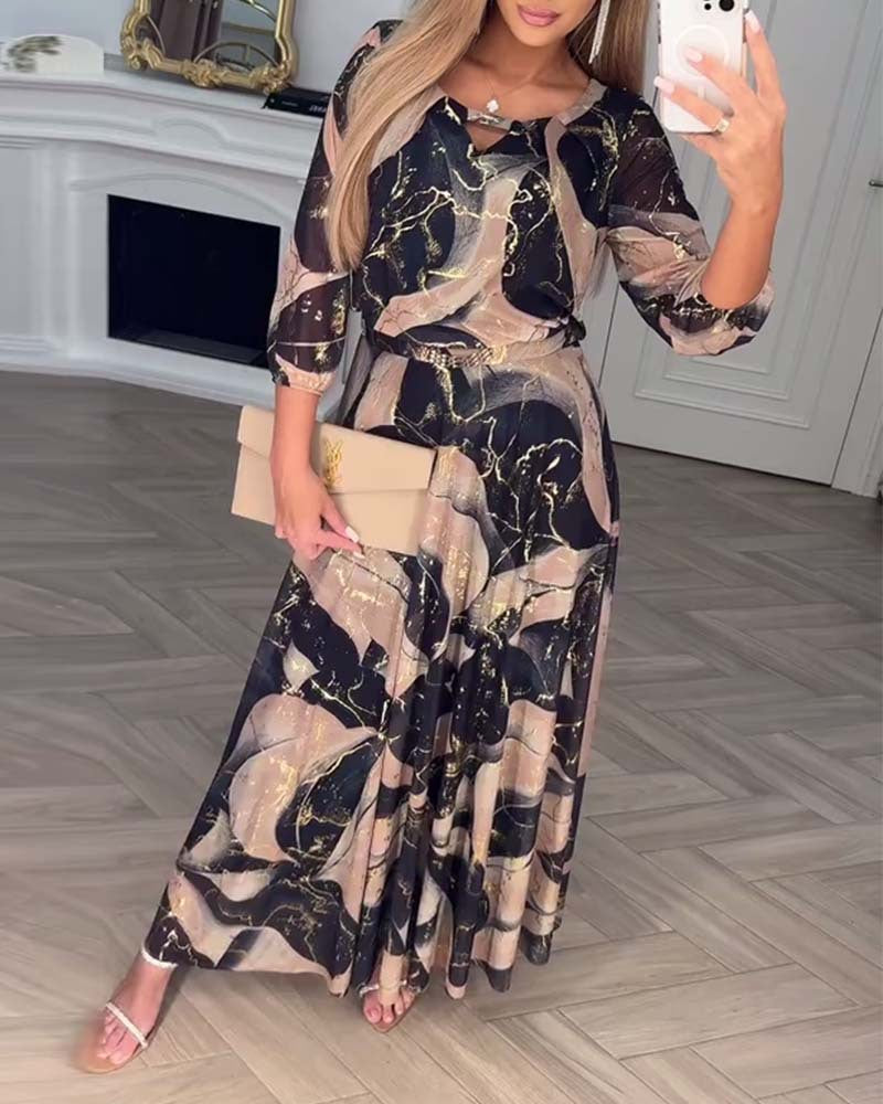 Women's Summer Fashion Printed Sleeves Waist Dress