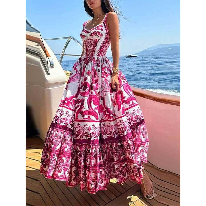 Women's Summer Printed Sleeveless Pleated Waist Tight Mid-length Sling Dress