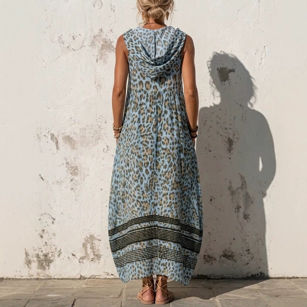 Women's Summer Sleeveless Hooded Leopard Print Pocket Vacation Style Dress